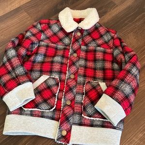Toddler Boy Red Black & Gray Plaid Sherpa Lined & Trim Snap  Jacket